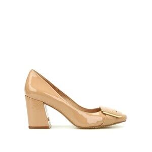 Tory Burch Maria Patent Leather Pumps Nude Beige Block Heel Gold Buckle Sz 6.5 C